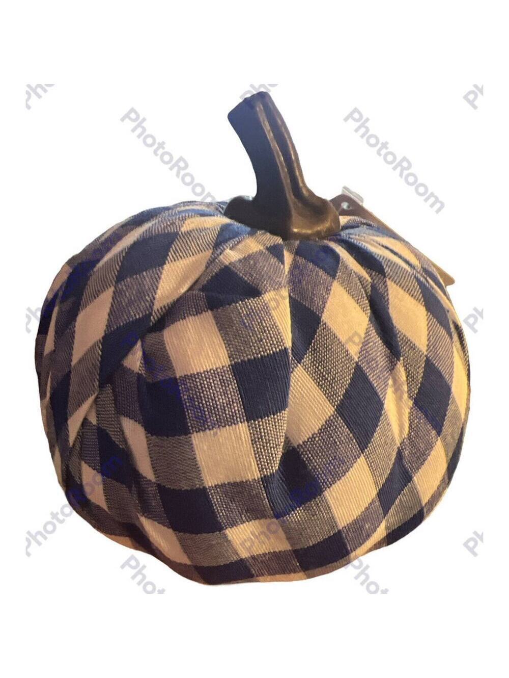 HALLOWEEN FALL HOME DECOR Small Blue And White Plaid Fabric Covered 4.5”T 5”W